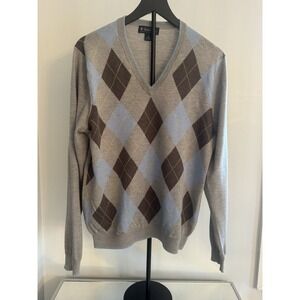 Brooks Brothers Argyle Sweater Mens M Gray Blue Brown Merino Wool Preppy Classic